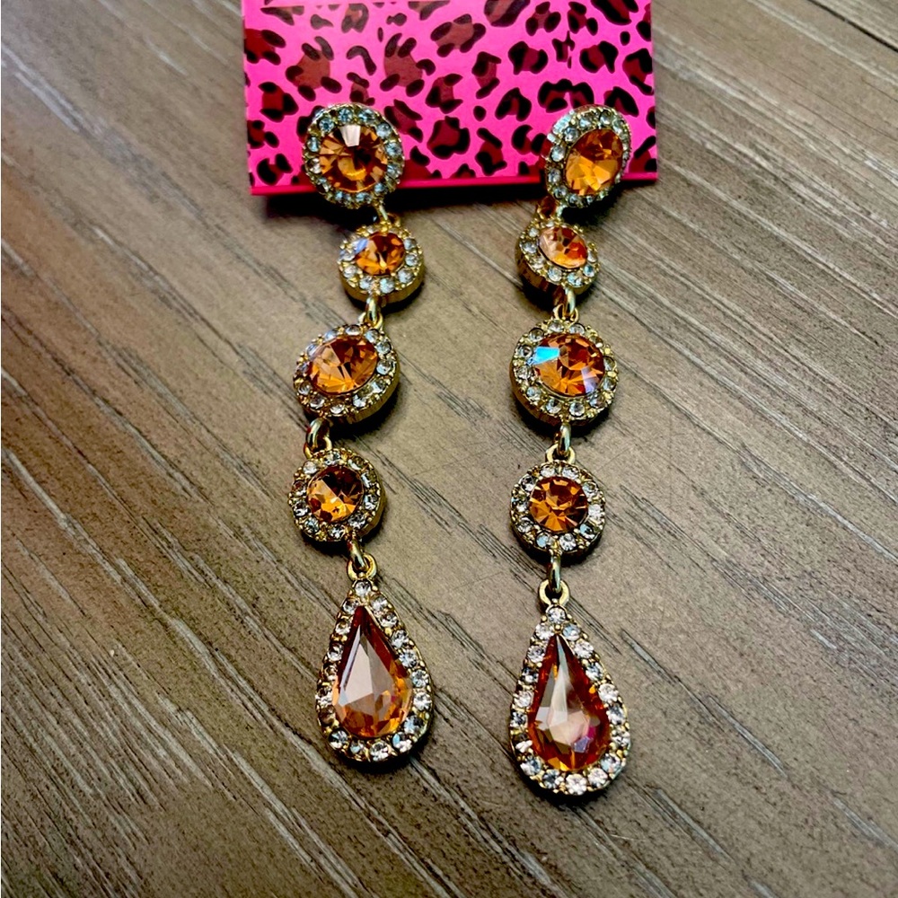 Betsy Johnson Dramatic Long Dangle Orange Stone Earrings